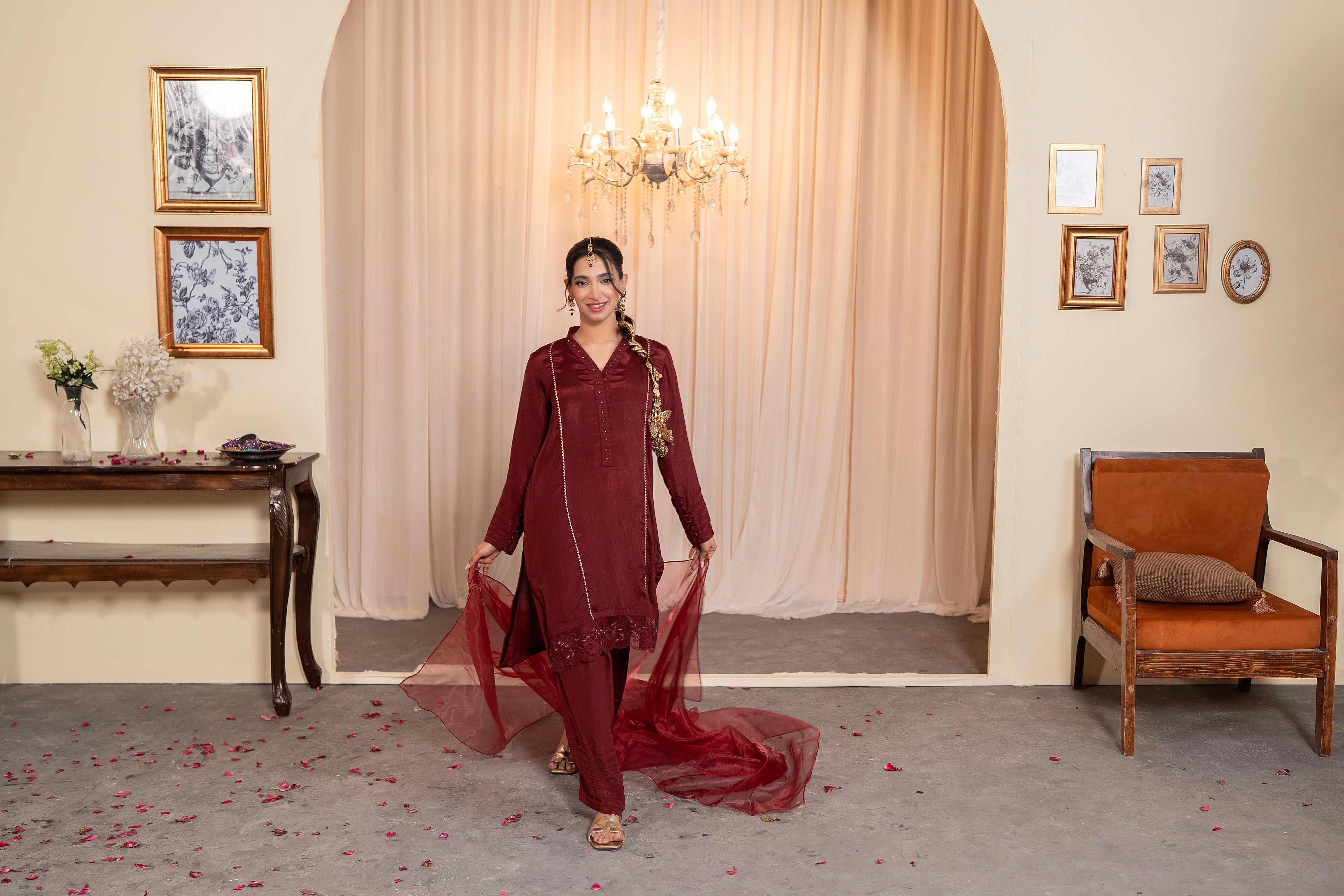 MAROON CHIFFON - 3 PIECE SUIT
